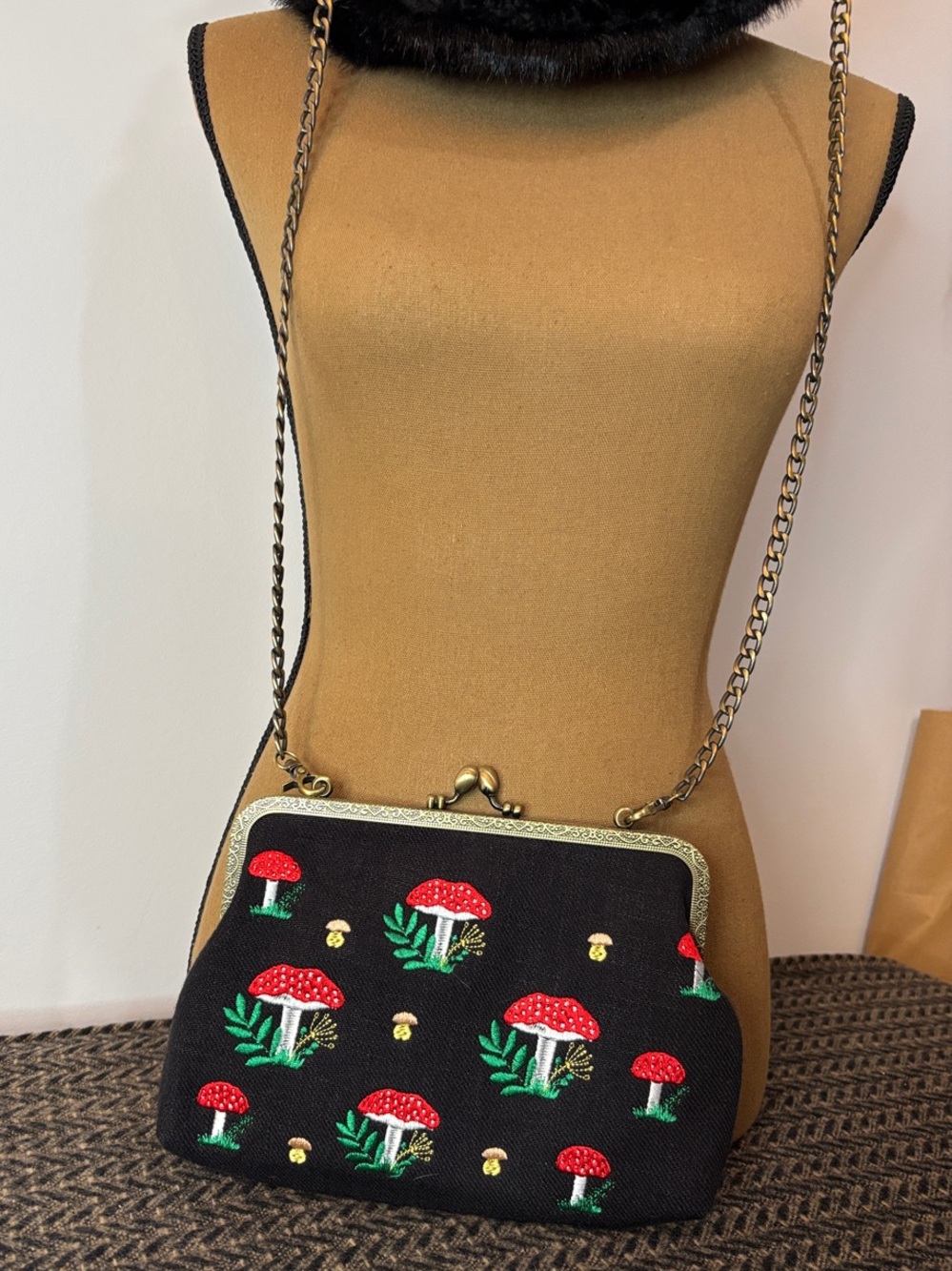 Black Embroidered Mushroom Crossbody Bag